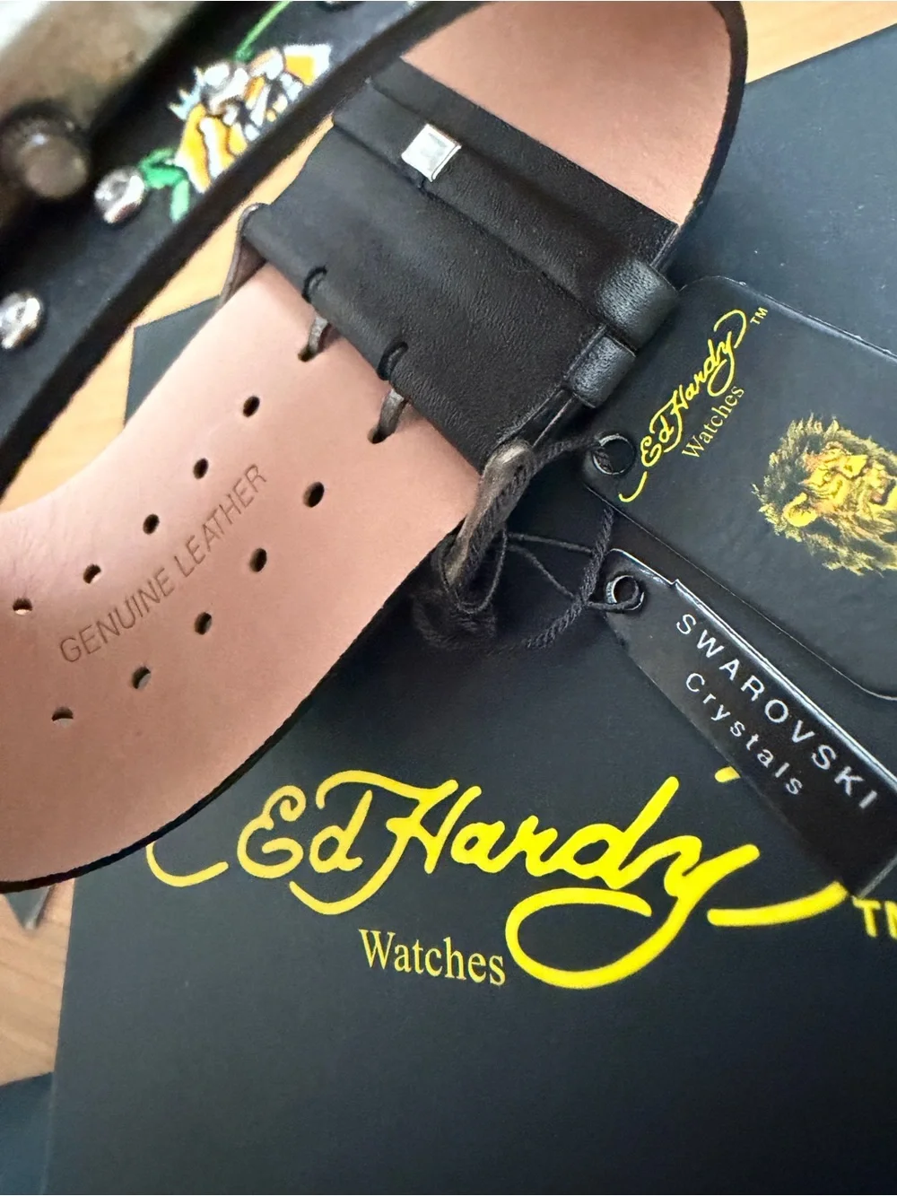 Ed Hardy Rockstar Roses Black Leather & Swavorski Cuff Watch Y2K BNIB Vintage